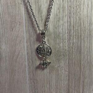 Lotus Medallion with Bee Charm Necklace - Silver Women's Jewelry